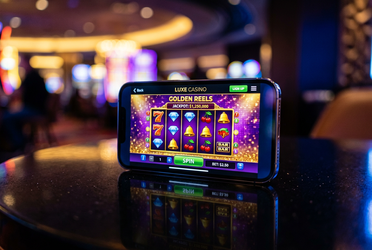 A modern smartphone screen showing a vibrant online casino interface.