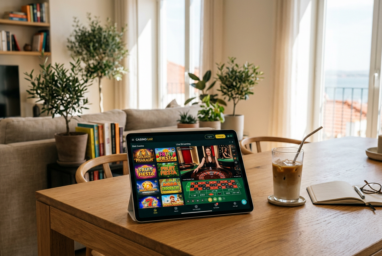 A high-end tablet showing a casino game in a modern Athenian setting.