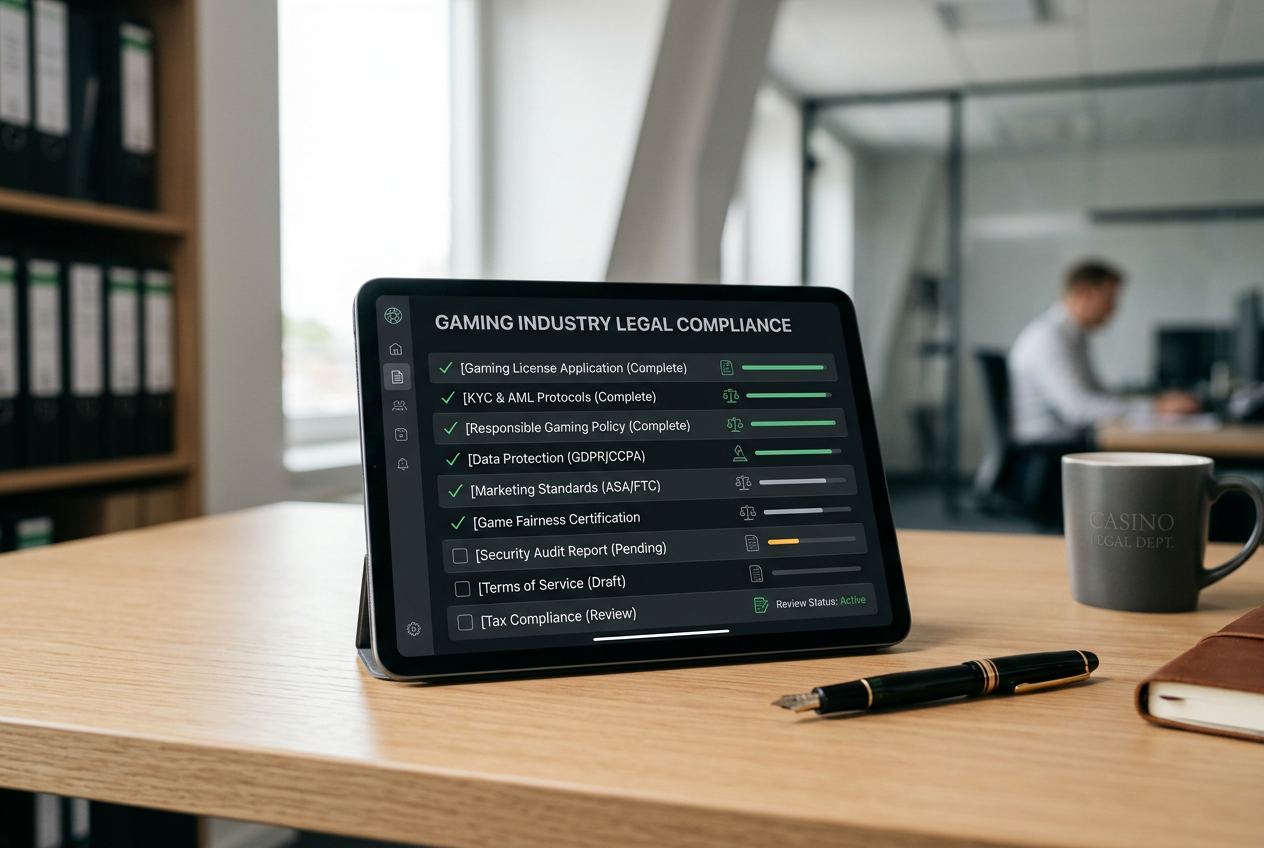 A digital tablet showing legal compliance icons and a regulatory checklist