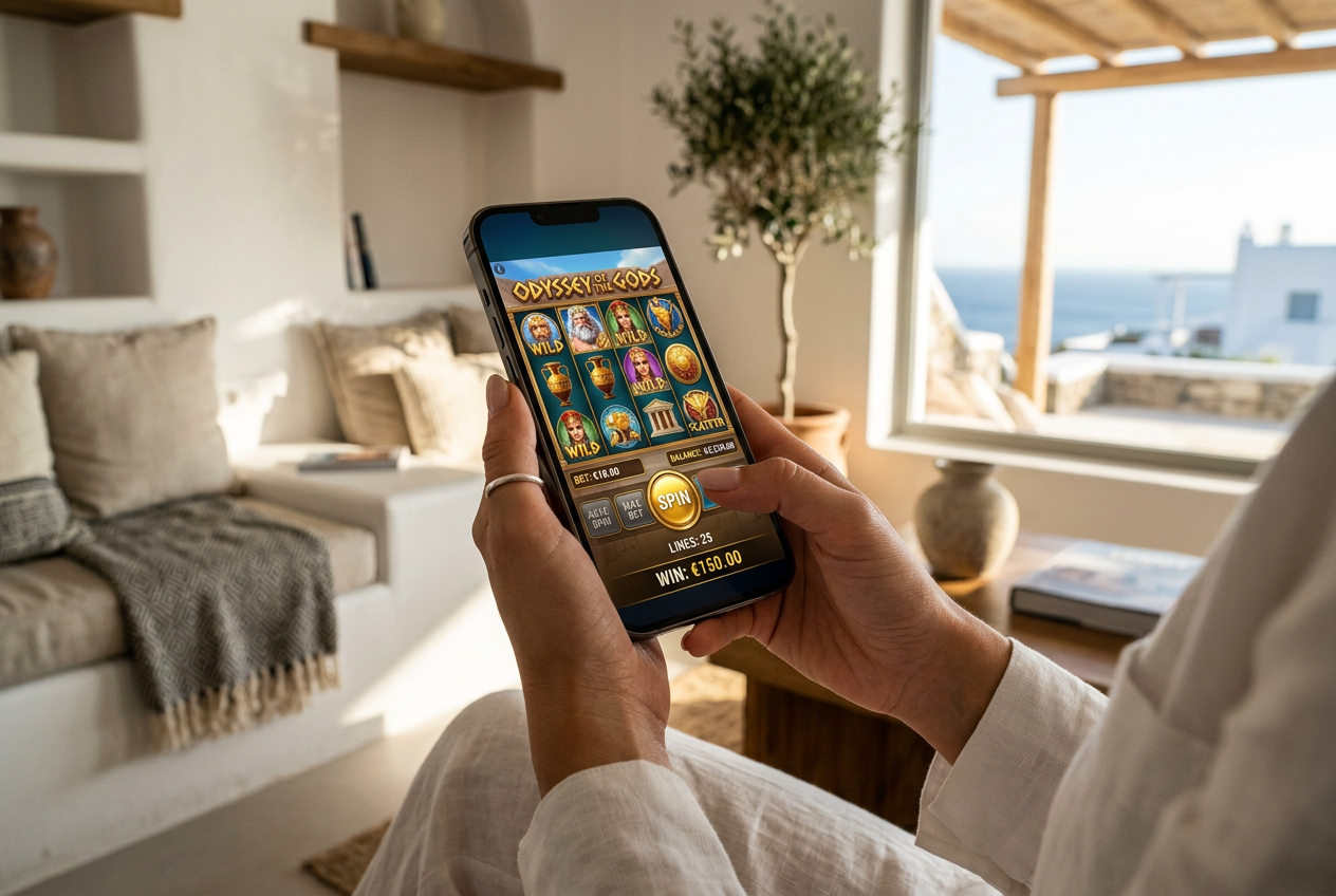 A person using a casino app on a smartphone in a bright modern Greek setting